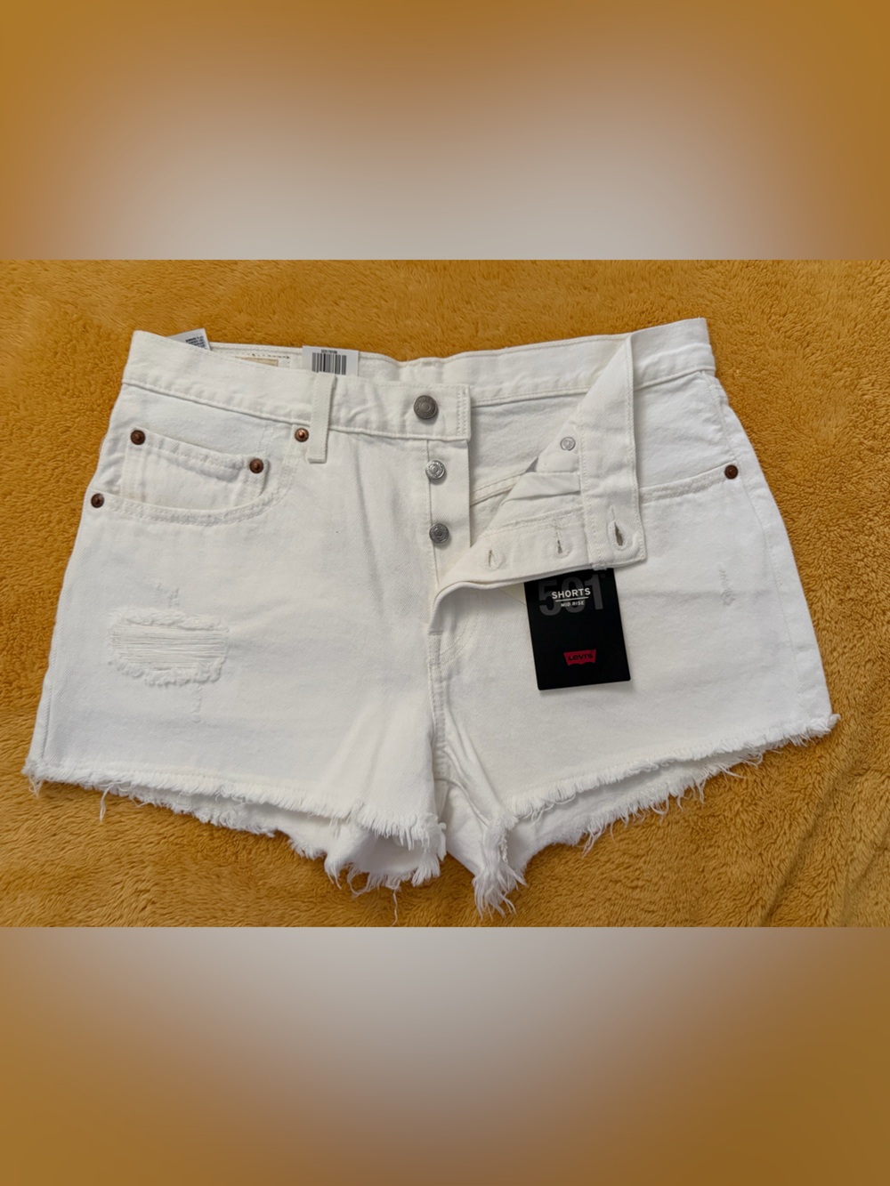 Levi's White Button-Fly Frayed Hem Denim Shorts